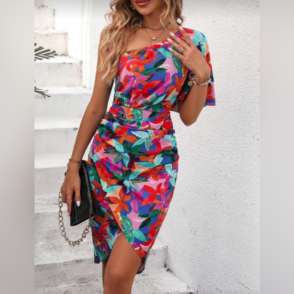 One-Shoulder Multicolor Floral Sheath Dress